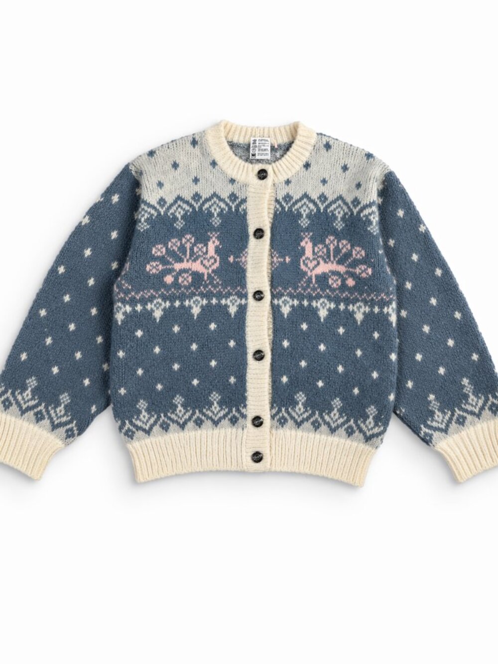Vintage Knit Sweater With Peacock Designs, Blue, Pink, And Cream, 100% Wool